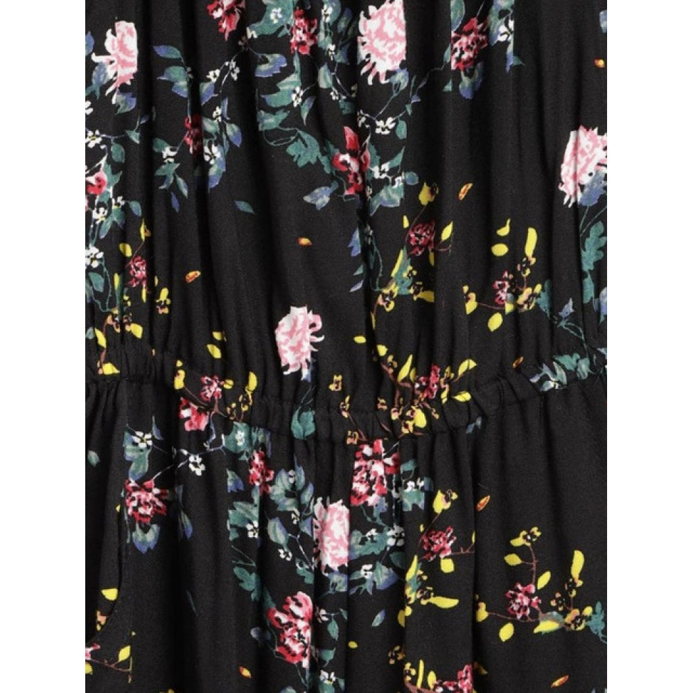 Black-Pink rayon floral sleeveless jumpsuit for girls, square neck with floral pattern on display