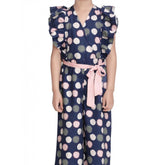 Multicolor rayon polka flutter jumpsuit for girls, vibrant V-neck design