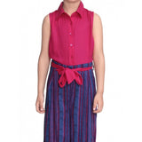 Pink-blue rayon color block sleeveless jumpsuit for girls, fashionable playwear with shirt collar