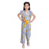 Blue-Yellow rayon floral flutter jumpsuit for girls, vibrant pattern and V-neck style