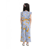 Blue-Yellow rayon floral flutter jumpsuit for girls, vibrant floral pattern, v-neck with flutter sleeves