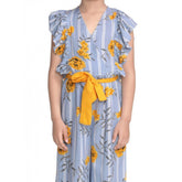 Blue-Yellow rayon floral flutter jumpsuit for girls, vibrant pattern with v-neck and flutter sleeves