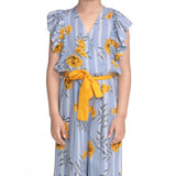 Blue-Yellow rayon floral flutter jumpsuit for girls, vibrant pattern with v-neck and flutter sleeves