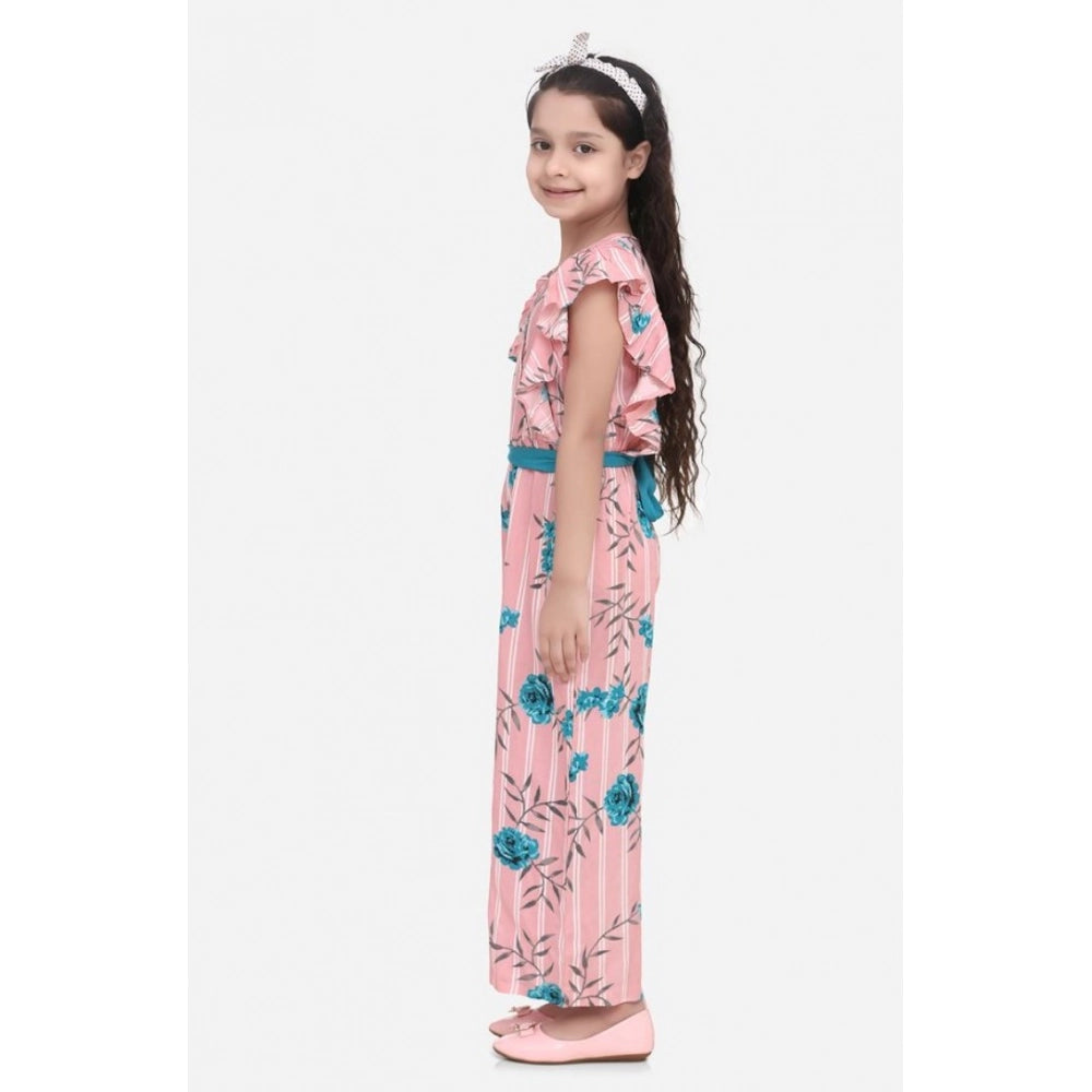 Pink-Blue rayon floral flutter jumpsuit for girls, vibrant pattern and v-neck design