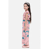 Pink-Blue rayon floral flutter jumpsuit for girls, vibrant pattern and v-neck design