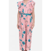 Pink-Blue rayon floral flutter jumpsuit for girls, vibrant floral pattern with V-neck and flutter sleeves