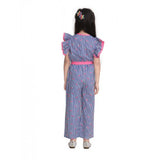 Blue-Pink striped cotton flutter jumpsuit for girls, v-neck style with flutter sleeves