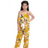 Mustard rayon floral shoulder straps jumpsuit for girls, vibrant floral pattern on display