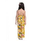 Mustard rayon floral shoulder straps jumpsuit for girls, vibrant floral pattern on a warm backdrop