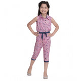 Pink cotton printed sleeveless jumpsuit for girls, shirt collar style, ideal for summer outfits