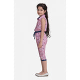 Pink cotton printed sleeveless jumpsuit for girls, shirt collar neckline on a colorful backdrop