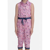 Pink cotton printed sleeveless jumpsuit for girls, shirt collar style, suitable for warm weather play