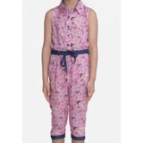 Pink cotton printed sleeveless jumpsuit for girls, shirt collar style, suitable for warm weather play
