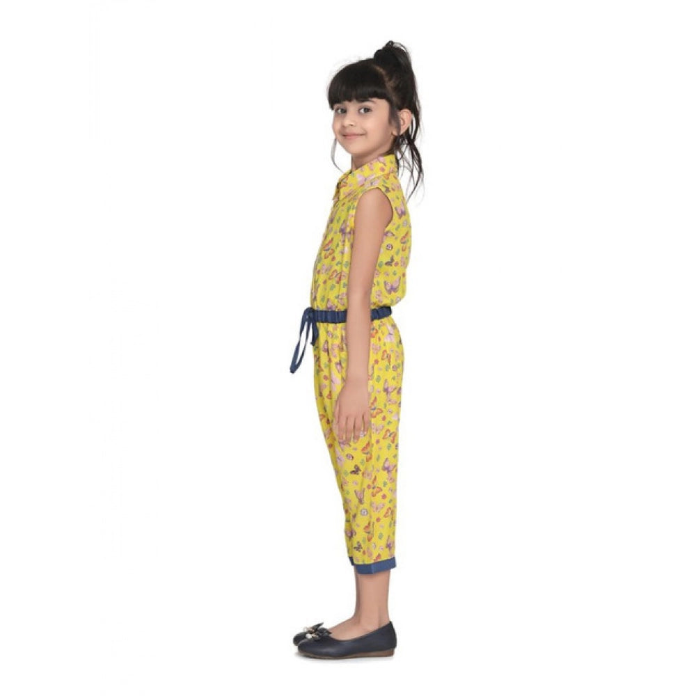Yellow cotton printed sleeveless jumpsuit for girls, shirt collar neckline on display
