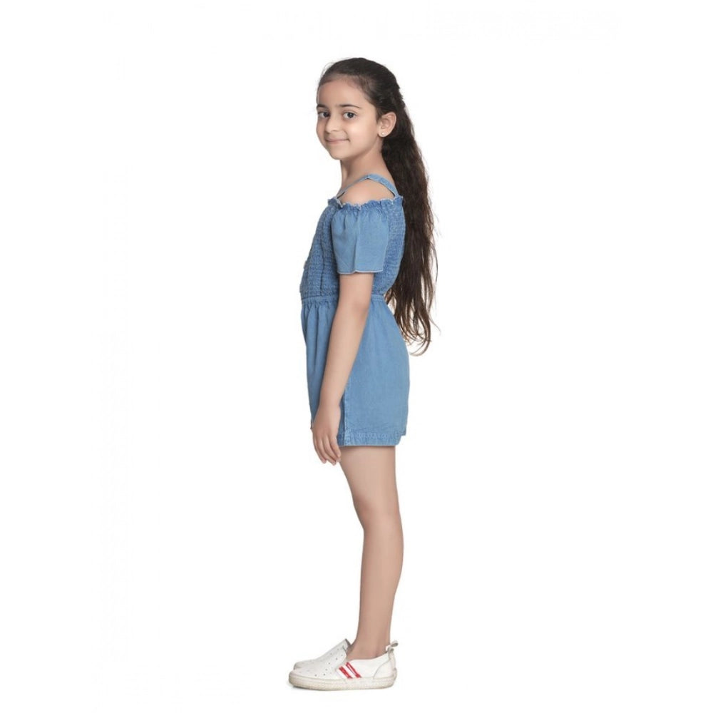 Blue rayon solid sleeveless jumpsuit for girls, ideal for casual play or events