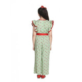 Green rayon printed flutter jumpsuit for girls, vibrant pattern details on display