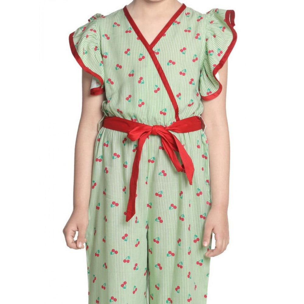 Green rayon printed flutter jumpsuit for girls - vibrant style with flutter sleeves and v-neck