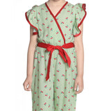 Green rayon printed flutter jumpsuit for girls - vibrant style with flutter sleeves and v-neck