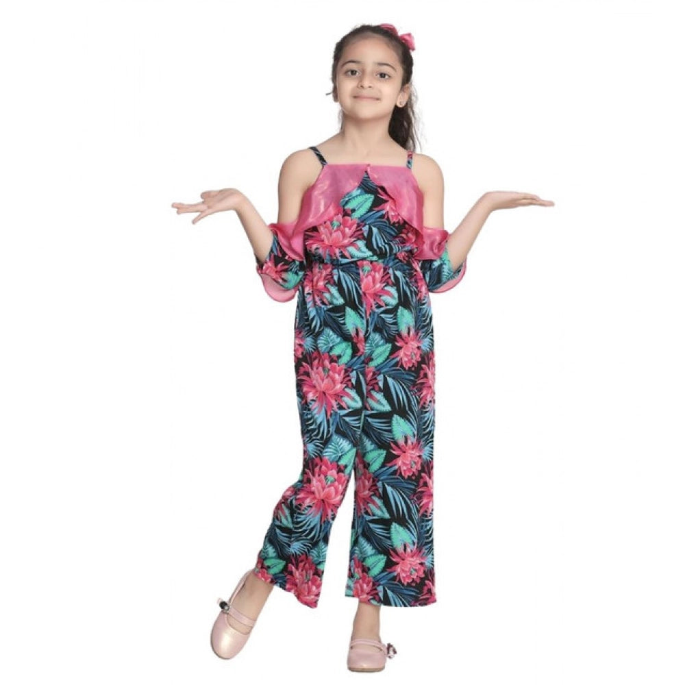 Pink polyester floral cold shoulder jumpsuit for girls, square neck style on display