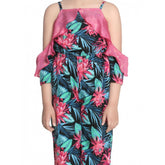 Pink polyester floral cold shoulder jumpsuit for girls, ideal for summer fashion