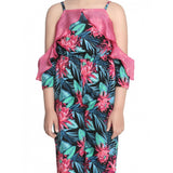 Pink polyester floral cold shoulder jumpsuit for girls, ideal for summer fashion