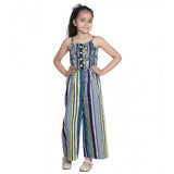 Blue rayon striped sleeveless jumpsuit for girls, casual summer outfit on model