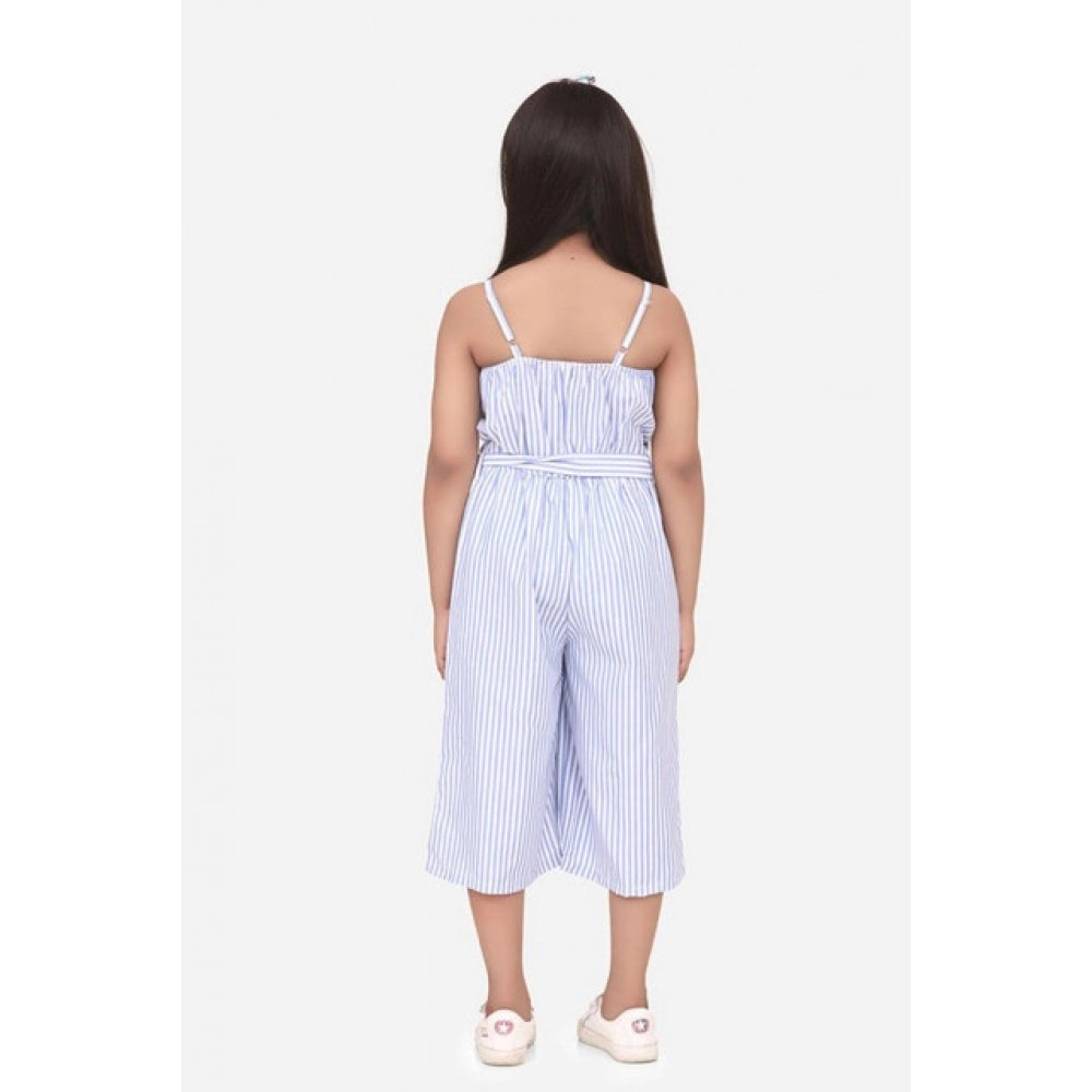 Light Blue striped polyester cotton blend girls' sleeveless jumpsuit, square neck style