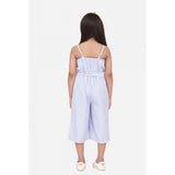 Light Blue striped polyester cotton blend girls' sleeveless jumpsuit, square neck style