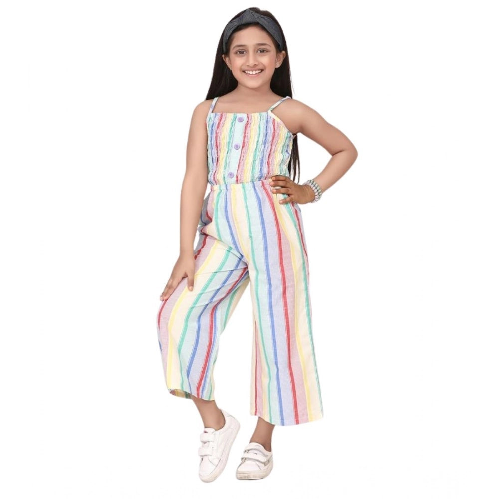 Multicolor striped sleeveless girls' jumpsuit, polyester cotton blend for playful summer outfits