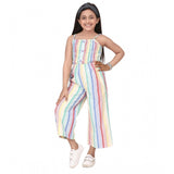 Multicolor striped sleeveless girls' jumpsuit, polyester cotton blend for playful summer outfits