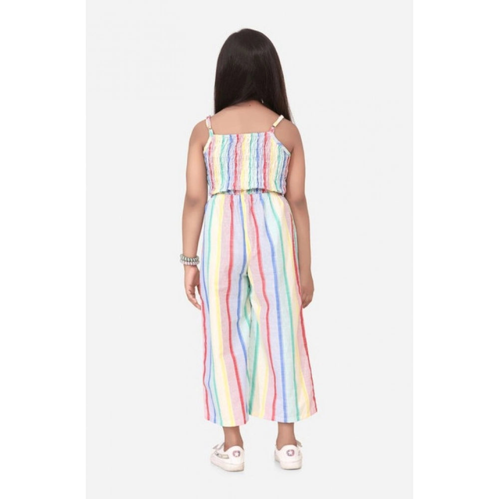 Multicolor striped sleeveless jumpsuit for girls, polyester cotton blend pattern with square neck