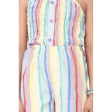 Multicolor striped sleeveless jumpsuit for girls, polyester-cotton blend fabric patterned with vertical stripes