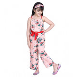 Peach-red girls' floral shoulder straps jumpsuit with polyester crepe material, suitable for summer parties