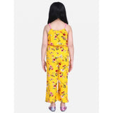 Yellow-Pink polyester crepe floral jumpsuit for girls, shoulder straps, square neck