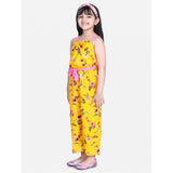 Yellow-Pink polyester crepe floral shoulder straps jumpsuit for girls, square neck design on model