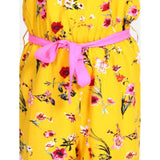 Yellow-Pink polyester crepe floral shoulder straps jumpsuit for girls, vibrant floral pattern on display