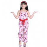 Pink-Red polyester crepe floral shoulder straps jumpsuit for girls, fashionable clothing piece with square neck on display