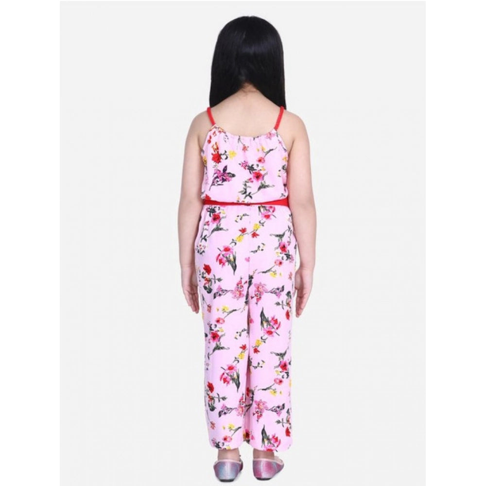 Pink-Red polyester crepe floral shoulder straps jumpsuit for girls, vibrant floral pattern, close-up view
