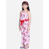 Pink-Red polyester crepe floral jumpsuit for girls, featuring shoulder straps and square neck