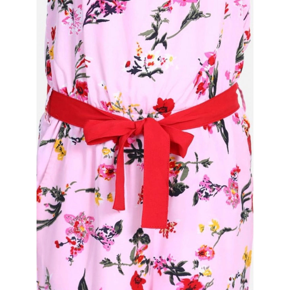 Pink-Red polyester crepe floral jumpsuit with shoulder straps, square neck design for girls' formal wear