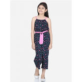 Black-Pink rayon flamingo print sleeveless jumpsuit for girls, vibrant tropical pattern on display