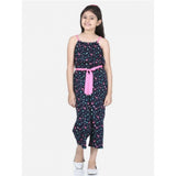 Black-Pink rayon flamingo print sleeveless jumpsuit for girls, vibrant tropical pattern on display