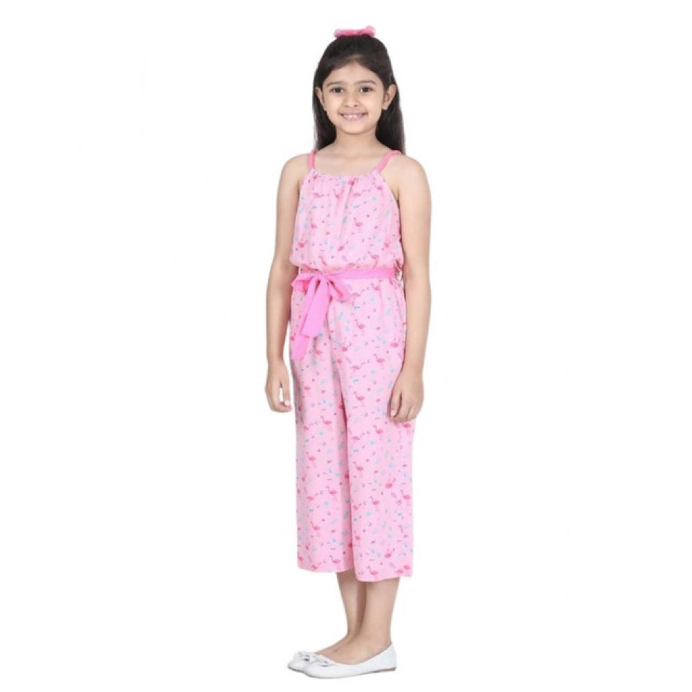 Pink rayon flamingo print sleeveless jumpsuit for girls, vibrant tropical style