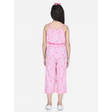 Pink rayon flamingo print sleeveless jumpsuit for girls, vibrant tropical style clothing on model