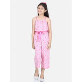 Pink rayon flamingo print sleeveless jumpsuit for girls, vibrant summer outfit with square neck