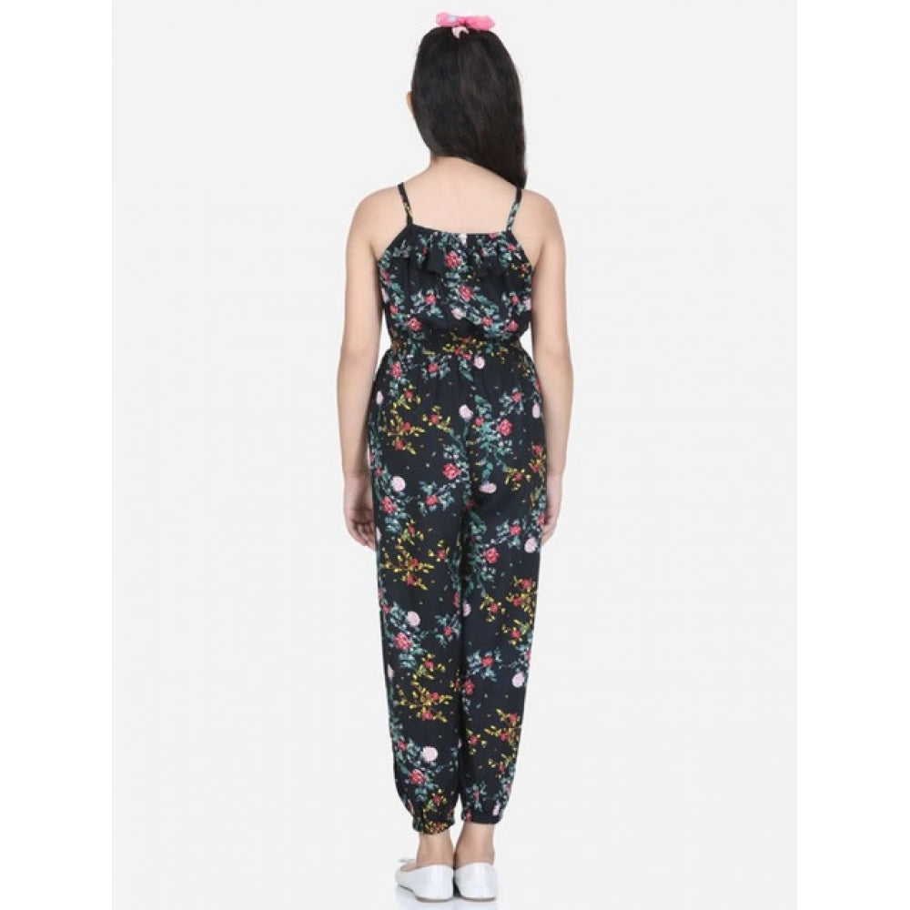 Black-Multicolor flamingo print rayon sleeveless jumpsuit for girls, square neck style on a clothing hanger
