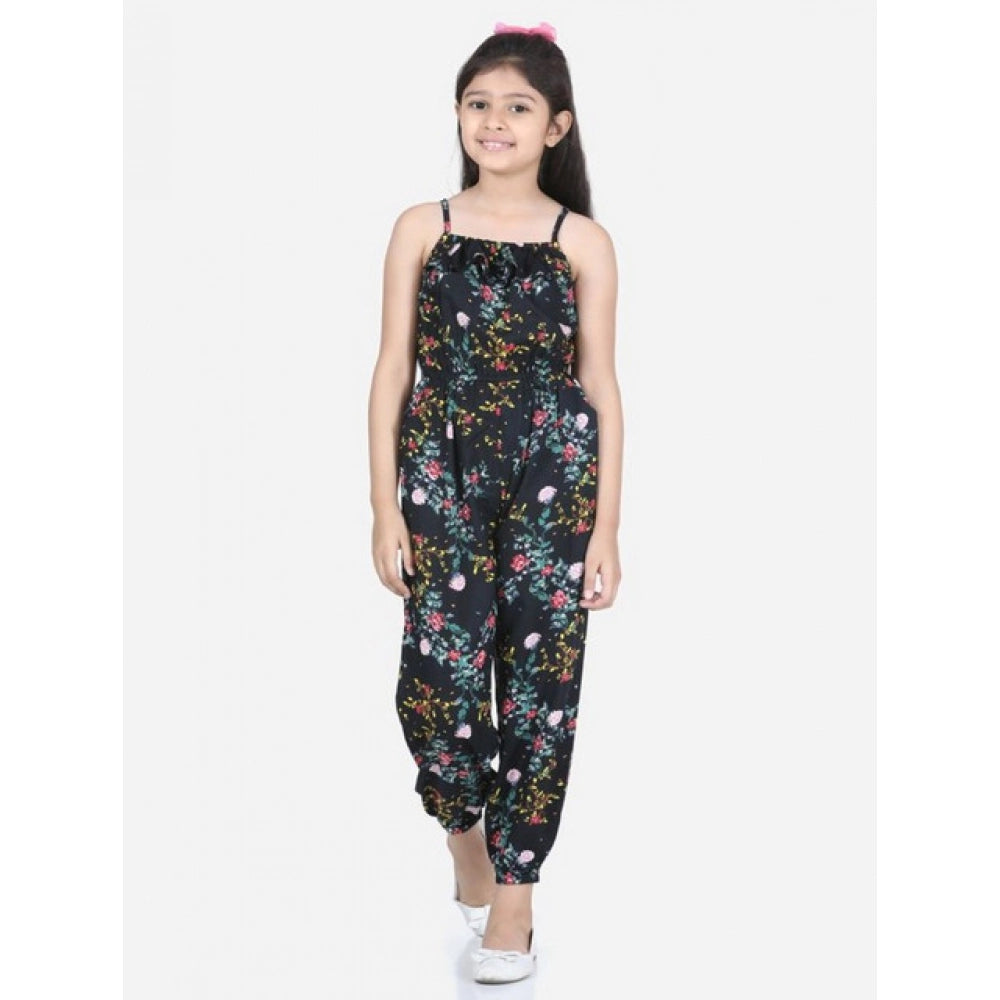 Black-Multicolor flamingo print rayon jumpsuit for girls, sleeveless with square neck