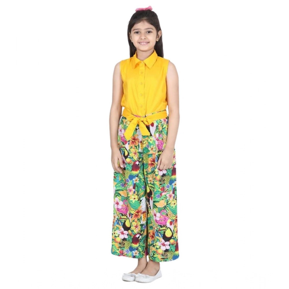 Yellow-multicolor flamingo print rayon girl's sleeveless jumpsuit on hangar