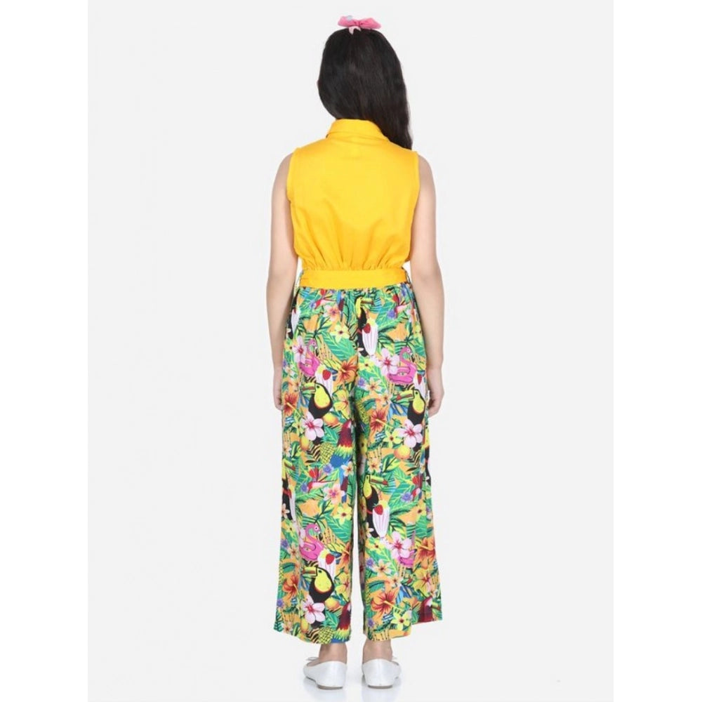 Yellow-Multicolor rayon flamingo print sleeveless jumpsuit for girls, vibrant tropical pattern