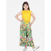 Yellow-Multicolor rayon flamingo print sleeveless jumpsuit for girls, vibrant summer outfit